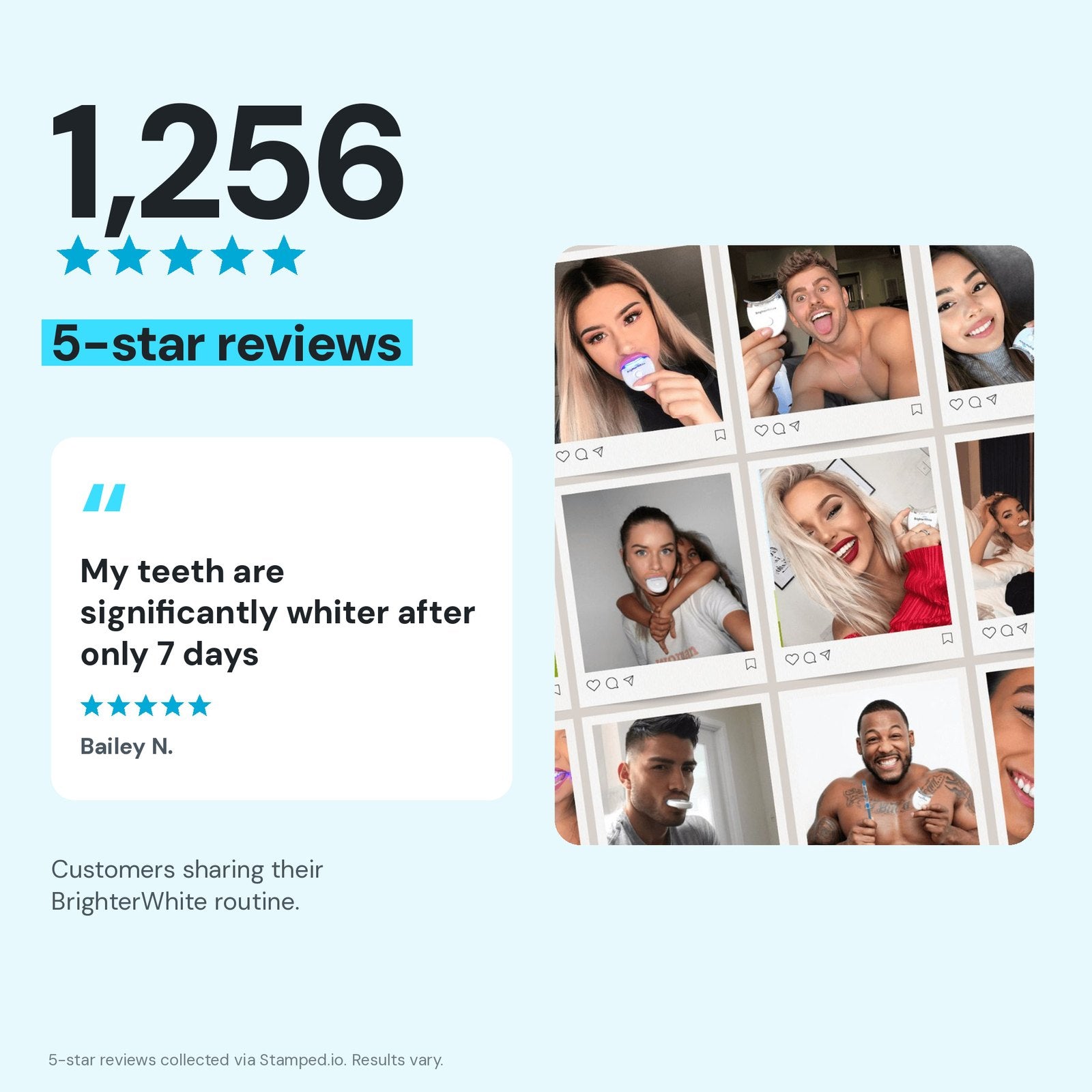 BrighterWhite customer review from Bailey N. - My teeth are significantly whiter after only 7 days - beside photos of customers using the LED light