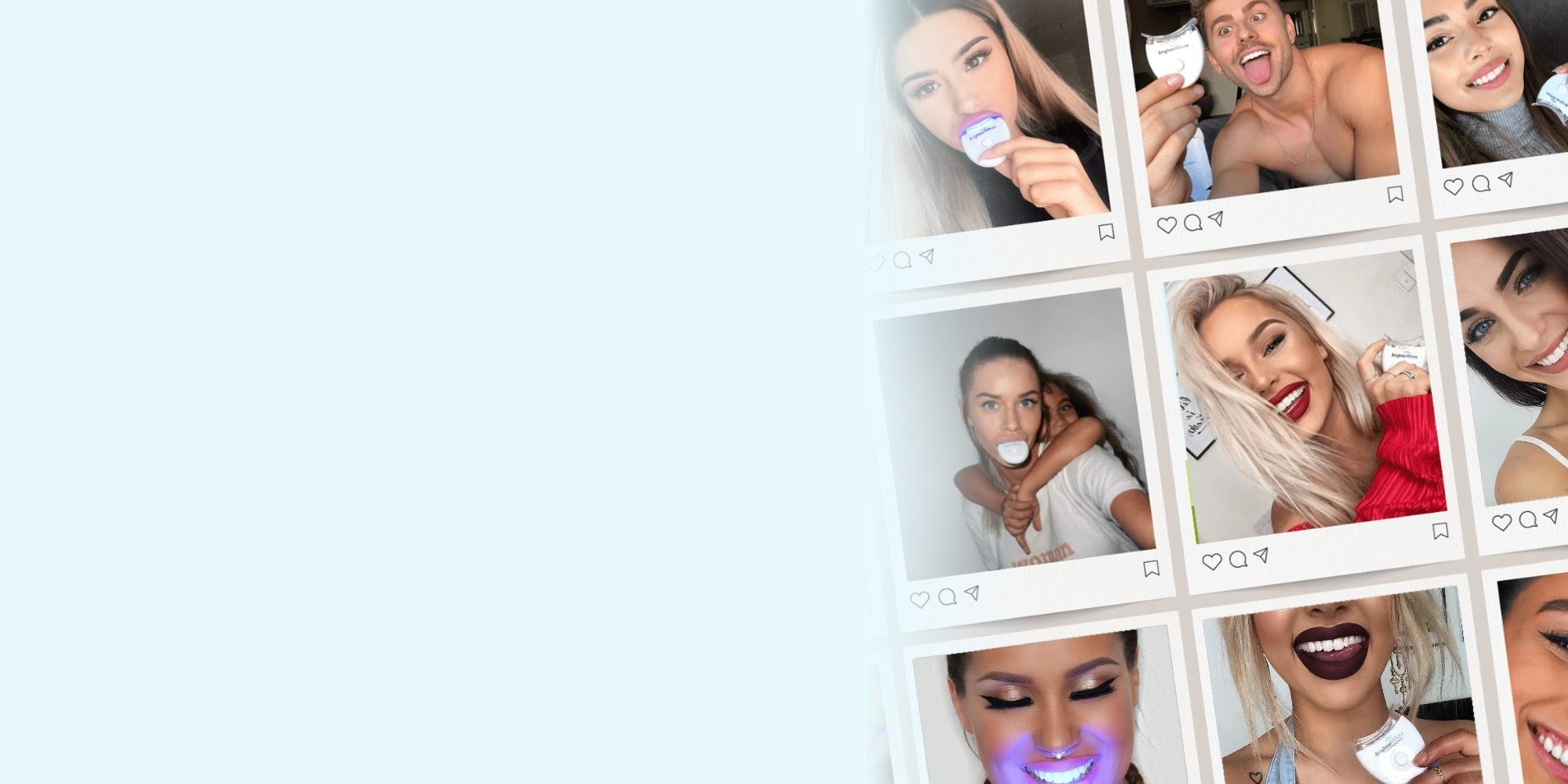 Collage of BrighterWhite customers: Woman using the BrighterWhite LED teeth whitening light; Smiling customer holding the BrighterWhite LED light; Smiling customer with the BrighterWhite LED light
